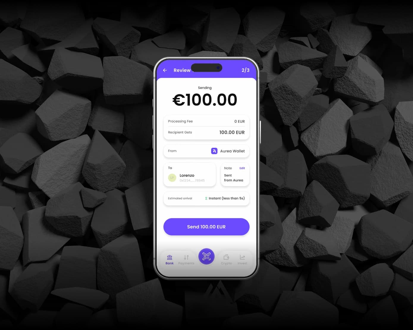 Send €100 review screen on Aurea app